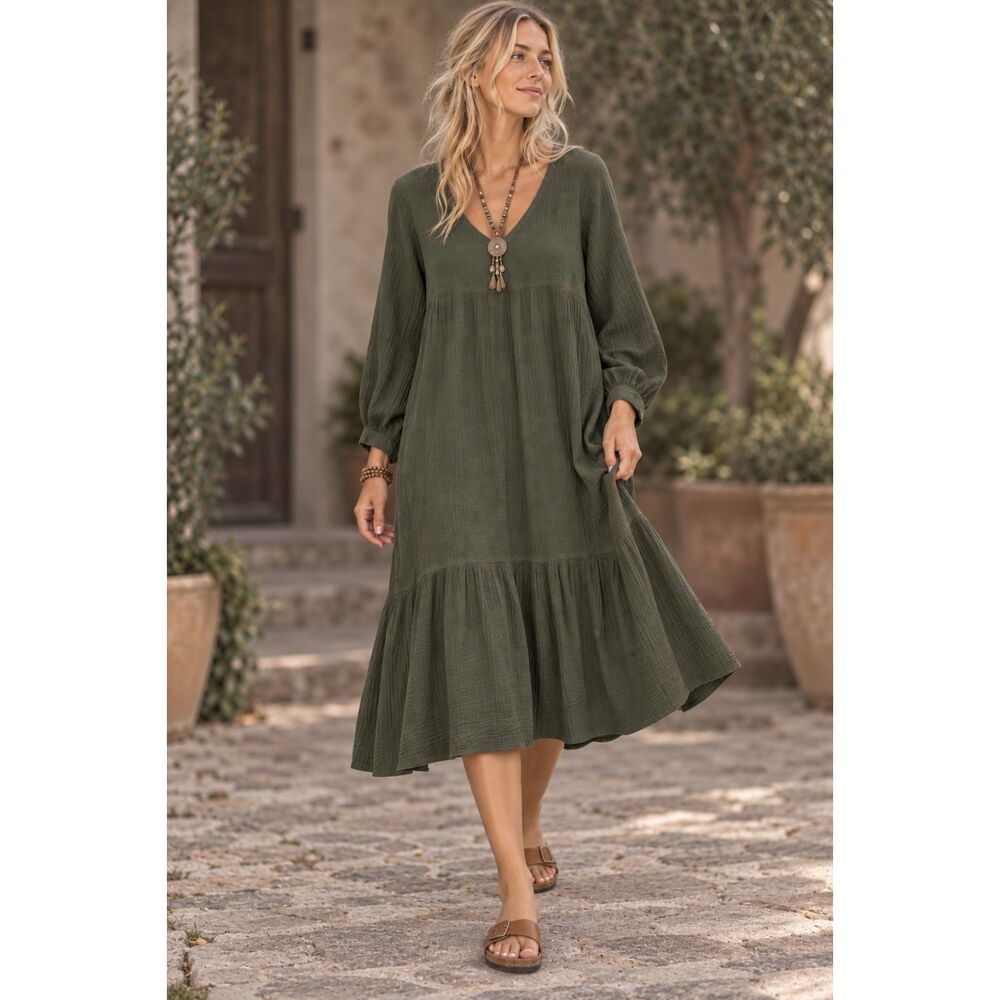 7 For All Mankind Army Green 100% Cotton Gauze Boho Midi Dress Size Medium